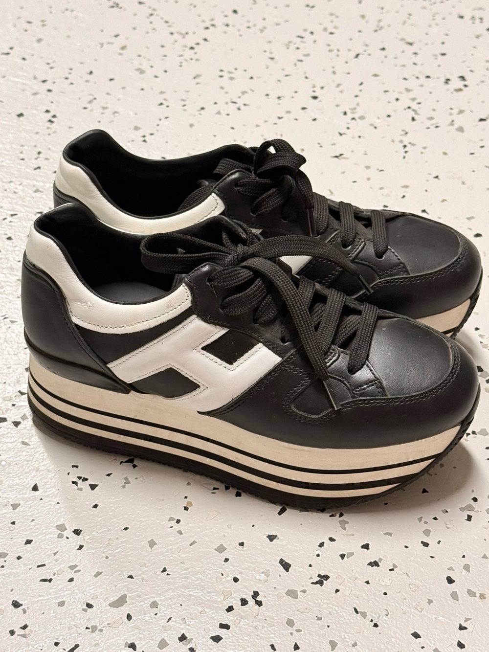 Hogan Maxi H222 Black White Leather Platform Sneakers EU 37